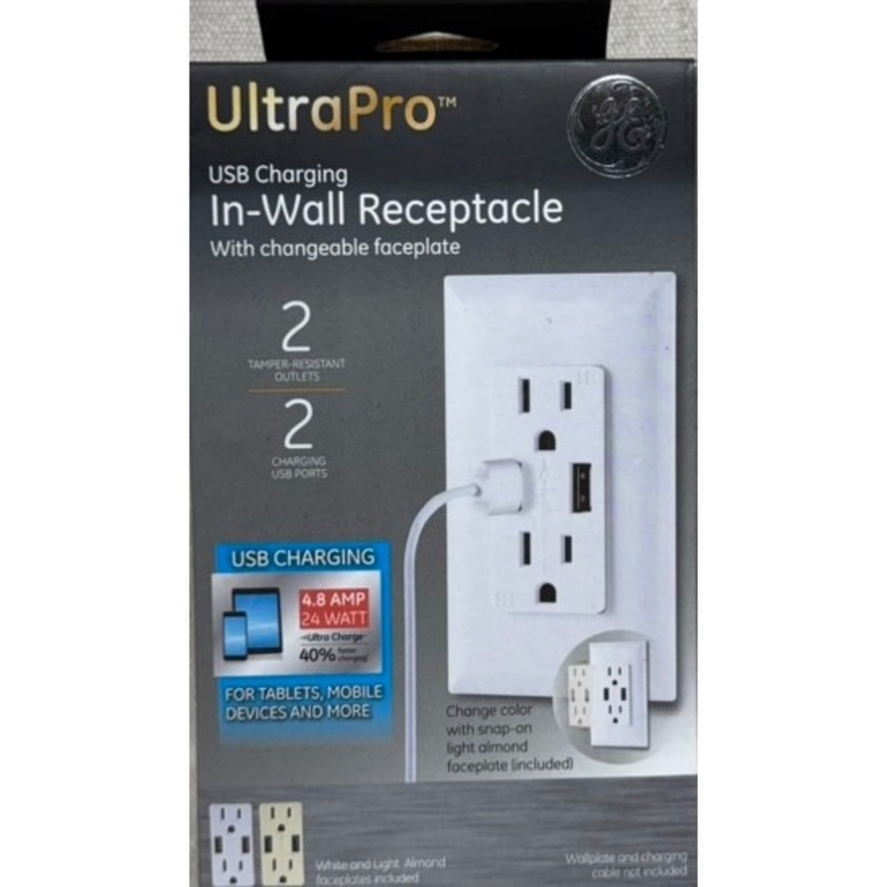 GE UltraPro USB Charging In-Wall Receptacle 2 Outlets 2 USB Ports 40405 White